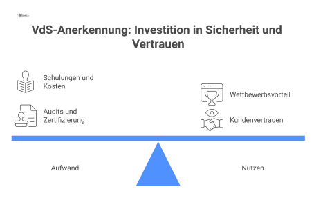Diagramm, das Aufwand (Kosten, Audits) und Nutzen (Wettbewerbsvorteil) der VdS-Anerkennung für Sicherheitstechnik wie Brandmeldeanlagen vergleicht. 
