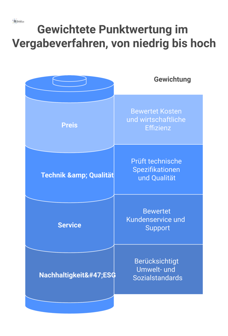 Infografik eines Vergabeverfahrens, das die Phasen und die gewichtete Punktwertung der Kriterien Preis, Technik, Service und Nachhaltigkeit visualisiert. 