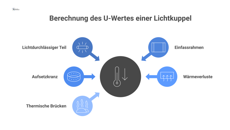 Technische Infografik einer Lichtkuppel, die ihre Bauteile und Wärmeverluste zur Visualisierung der Berechnung des Gesamt-U-Wertes zeigt.