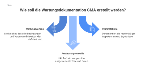 Infografik zur Wartungsdokumentation GMA nach DIN EN 13460, die wichtige Dokumente wie Protokolle zum Nachweis der Betreiberpflicht visualisiert. 