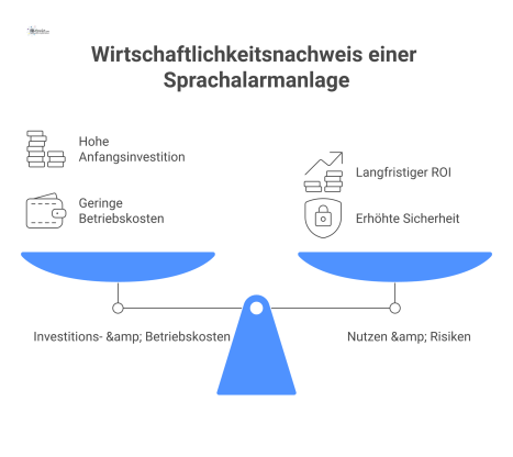 Infografik, die den Wirtschaftlichkeitsnachweis einer Sprachalarmanlage visualisiert und dabei Kosten, Nutzen sowie Risiken verschiedener Varianten gegenüberstellt. 