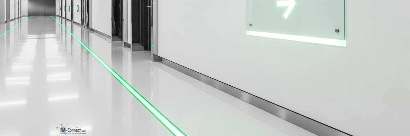 Optisches Sicherheitsleitsystem mit Markierungen zur Orientierung und sicheren Fluchtwegführung im Gebäude